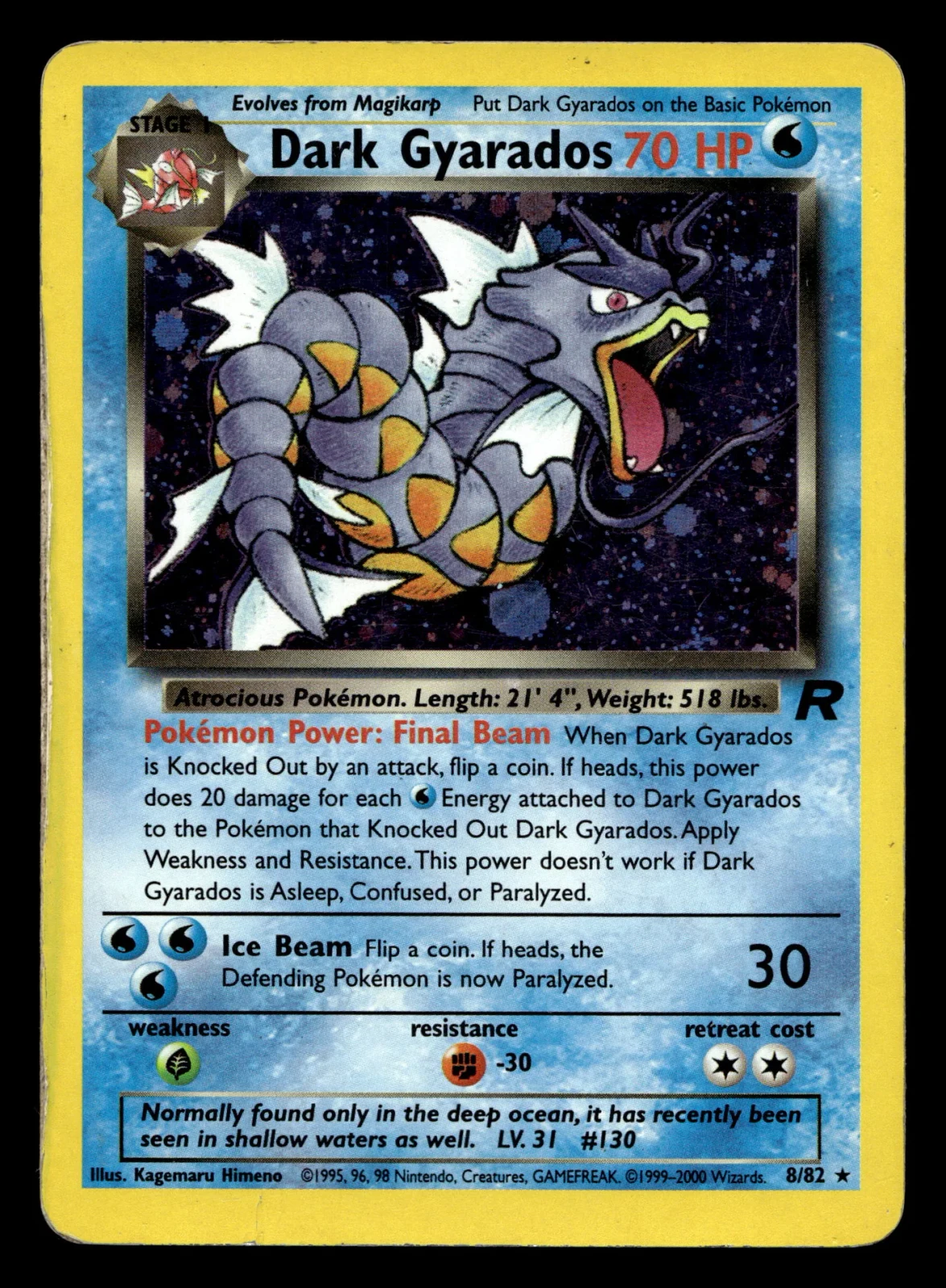 Voorkant Dark Gyarados 8/82 uit Team Rocket Rare Holo Played conditie Pokémon kaart productfoto