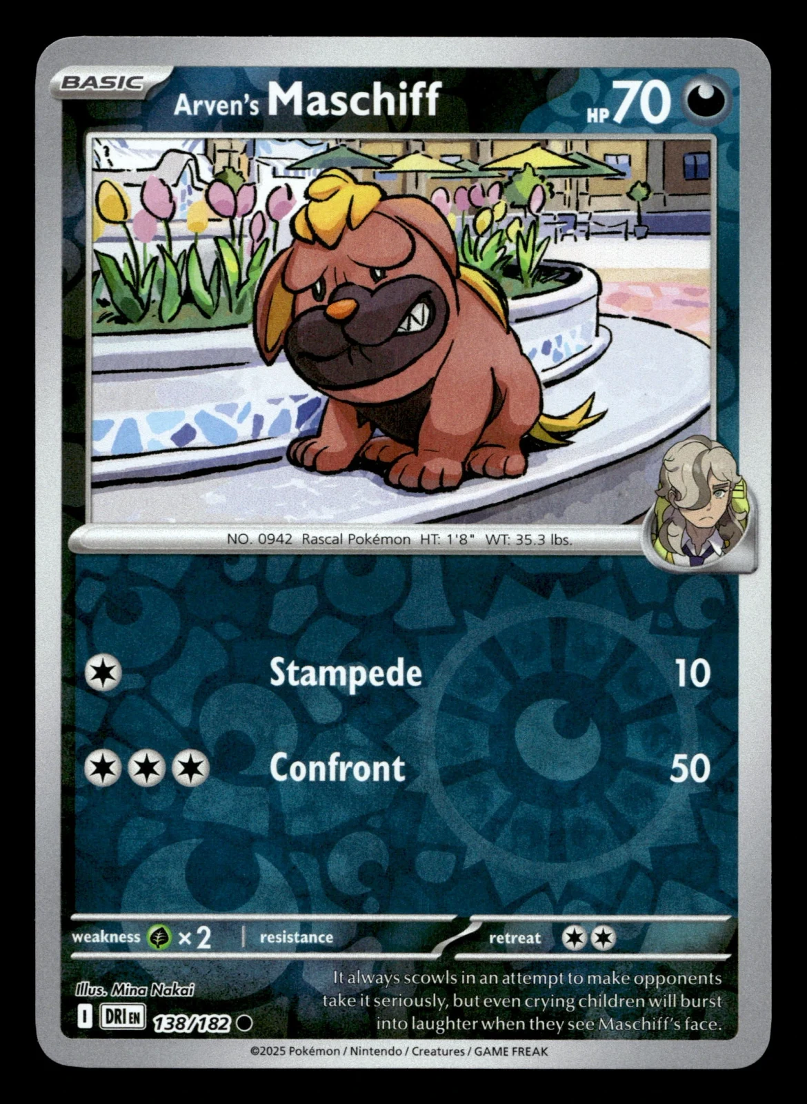 Voorkant Arven's Maschiff 138/182 uit Destined Rivals Common Near Mint conditie Pokémon kaart productfoto