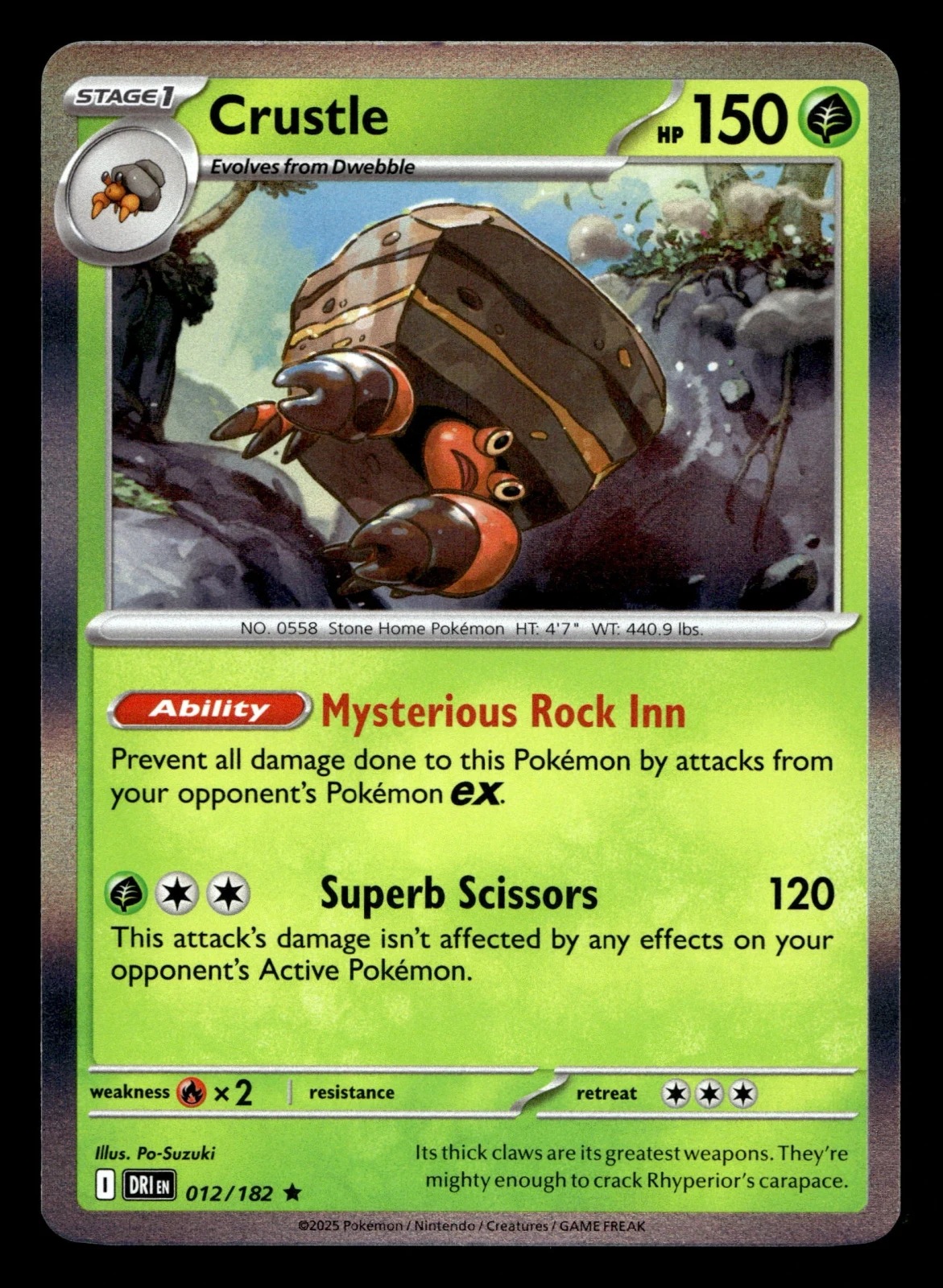 Voorkant Crustle 12/182 uit Destined Rivals Rare Near Mint conditie Pokémon kaart productfoto