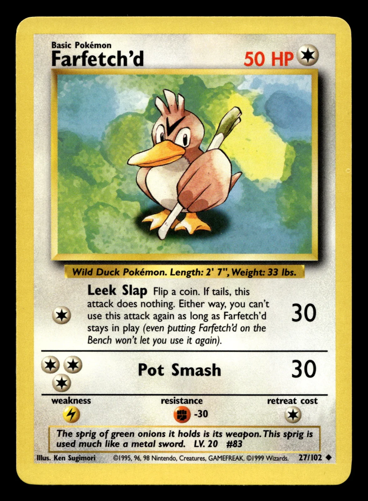 Voorkant Farfetch'd 27/102 uit Base Set Uncommon Good + conditie Pokémon kaart productfoto GD+ 1