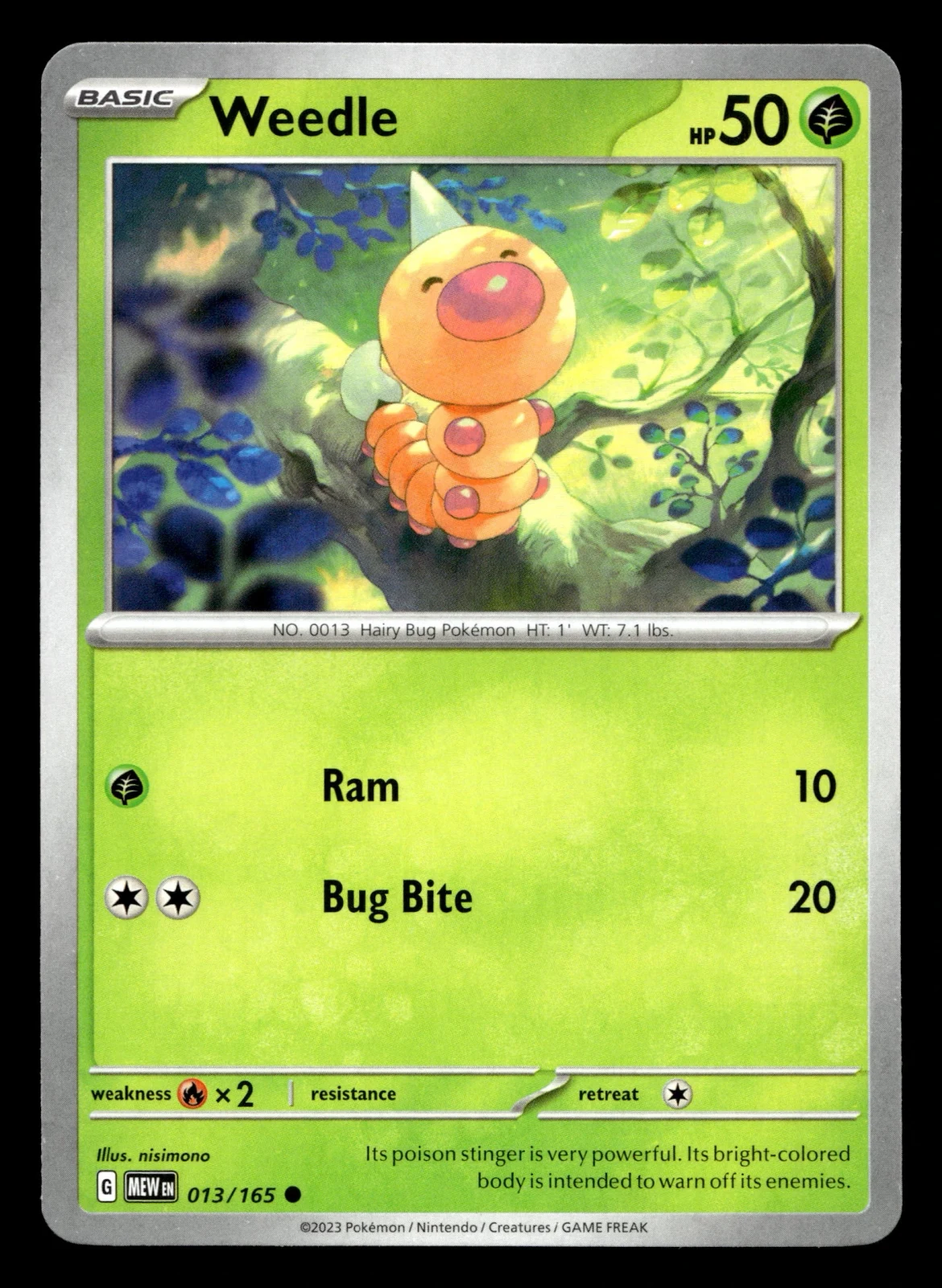 Voorkant Weedle 13/165 uit 151 Common Near Mint conditie Pokémon kaart productfoto
