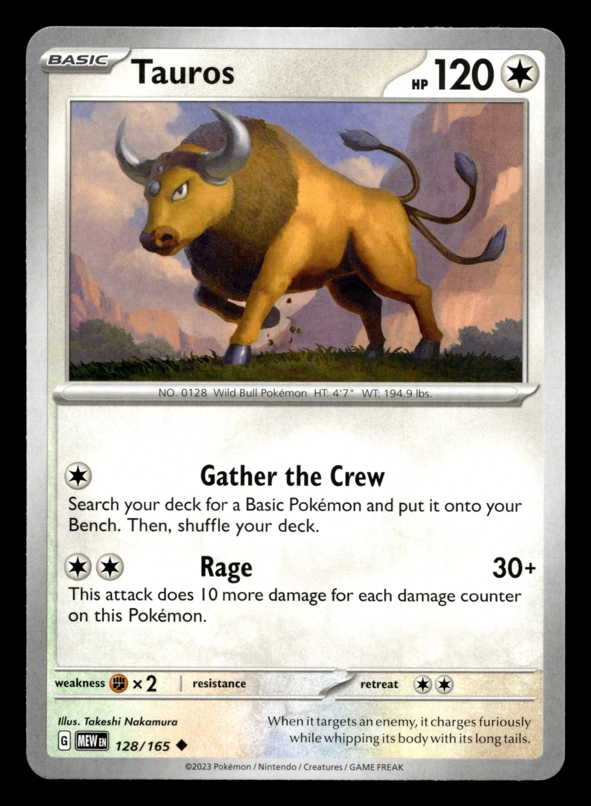 Voorkant Tauros 128/165 uit 151 Uncommon Near Mint conditie Pokémon kaart productfoto