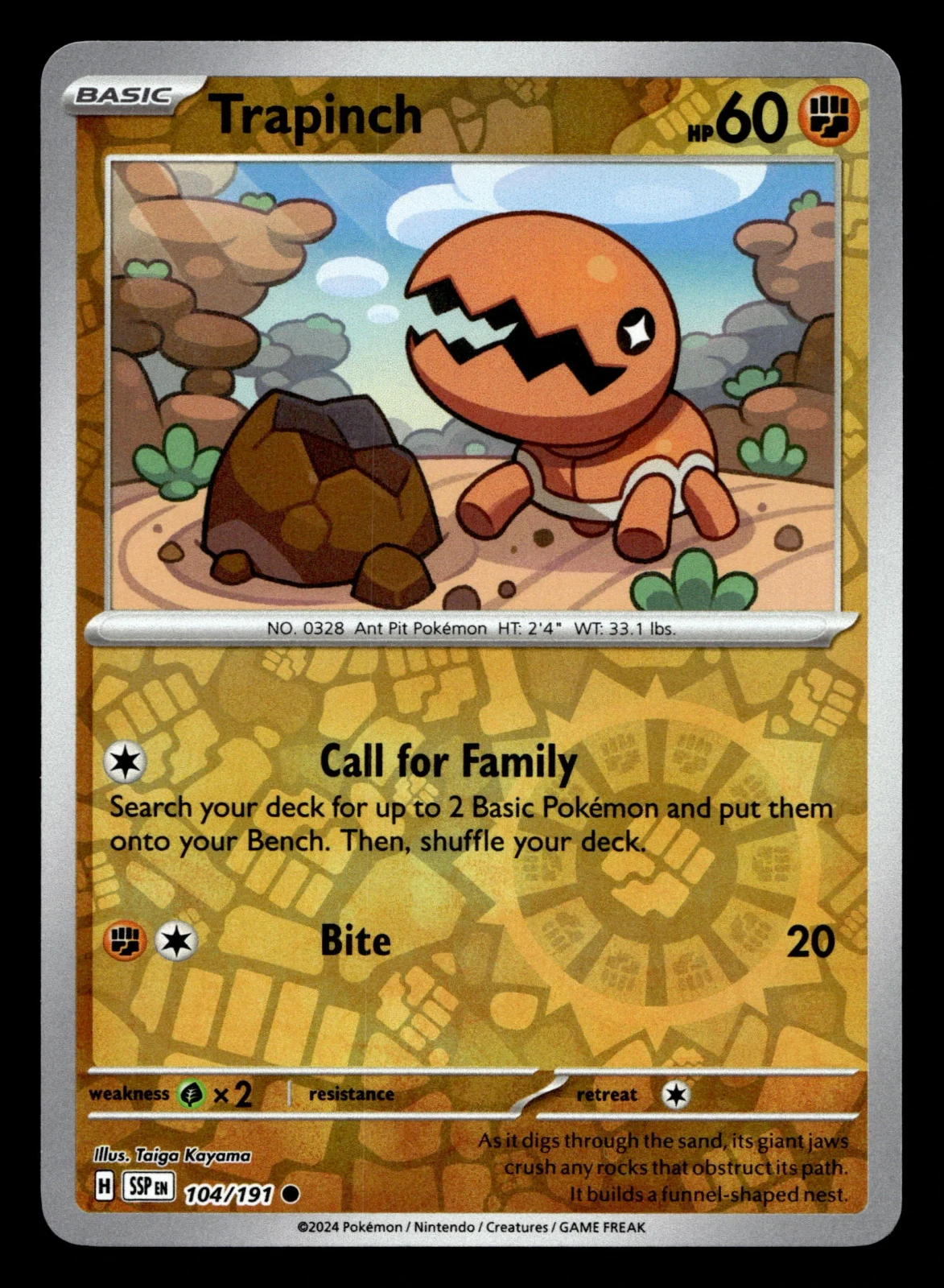 Voorkant Trapinch 104/191 uit Surging Sparks Common Near Mint conditie Pokémon kaart productfoto
