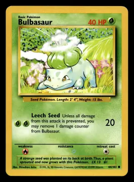 Voorkant Bulbasaur 44/102 uit Base Set Common Near Mint - conditie Pokémon kaart productfoto NM- 6/8