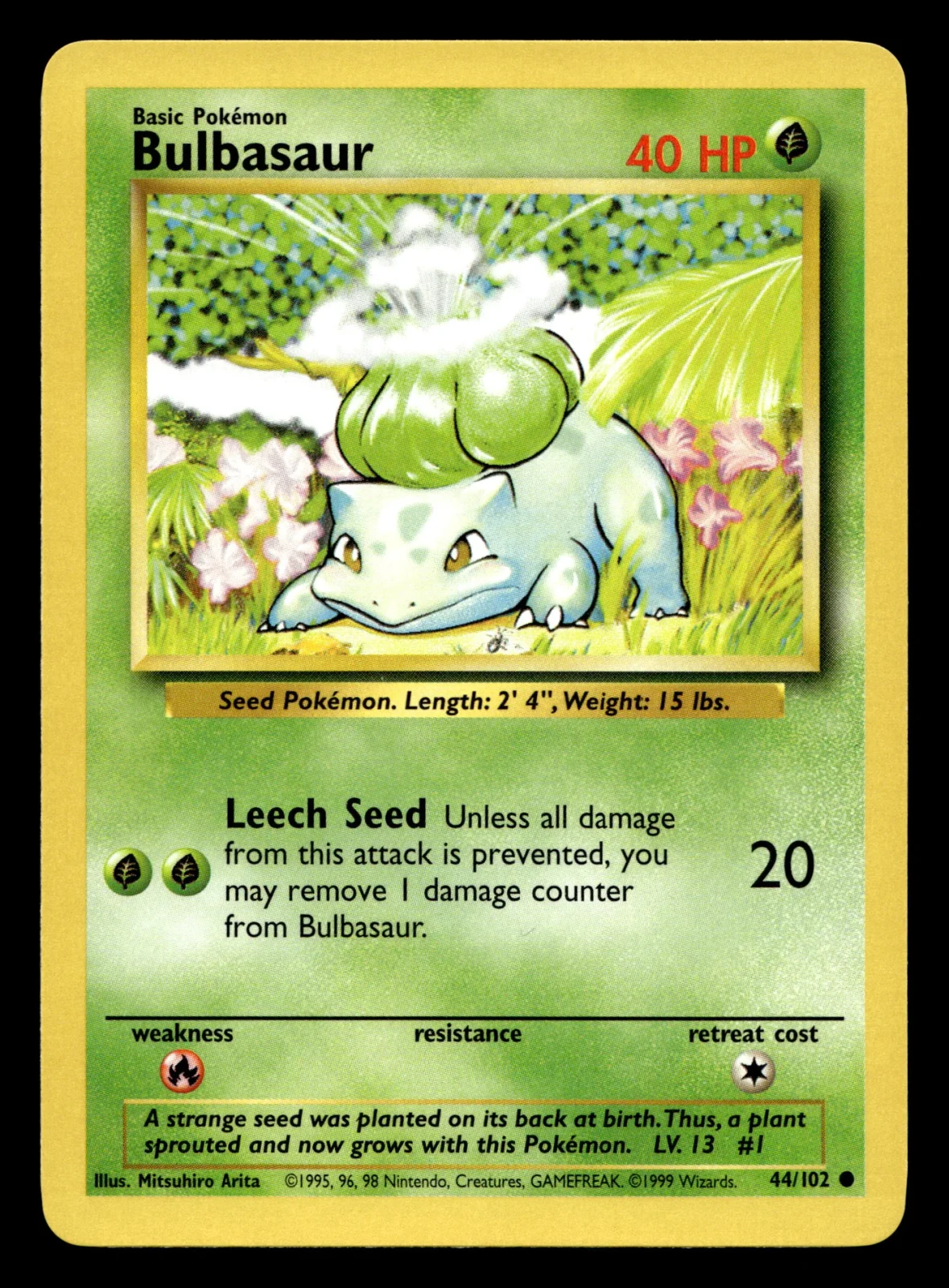 Voorkant Bulbasaur 44/102 uit Base Set Common Near Mint - conditie Pokémon kaart productfoto NM- 2/8