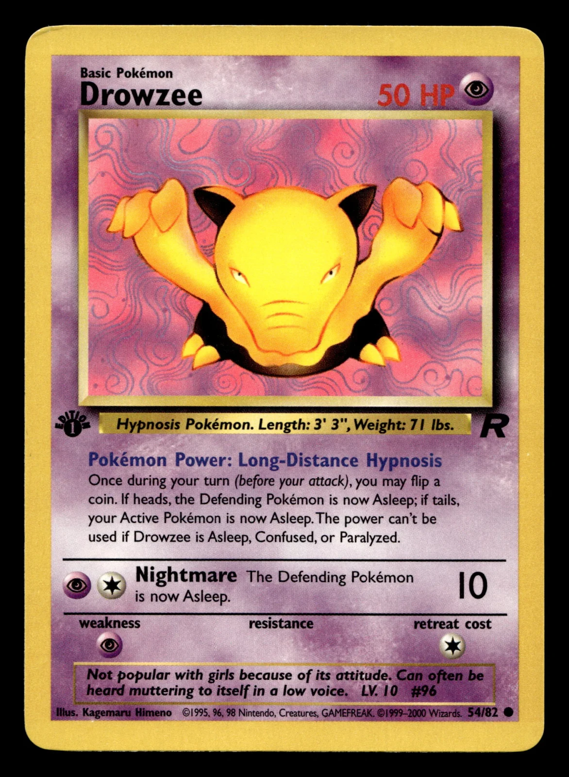 Voorkant Drowzee 54/82 uit Team Rocket Common Excellent conditie Pokémon kaart productfoto