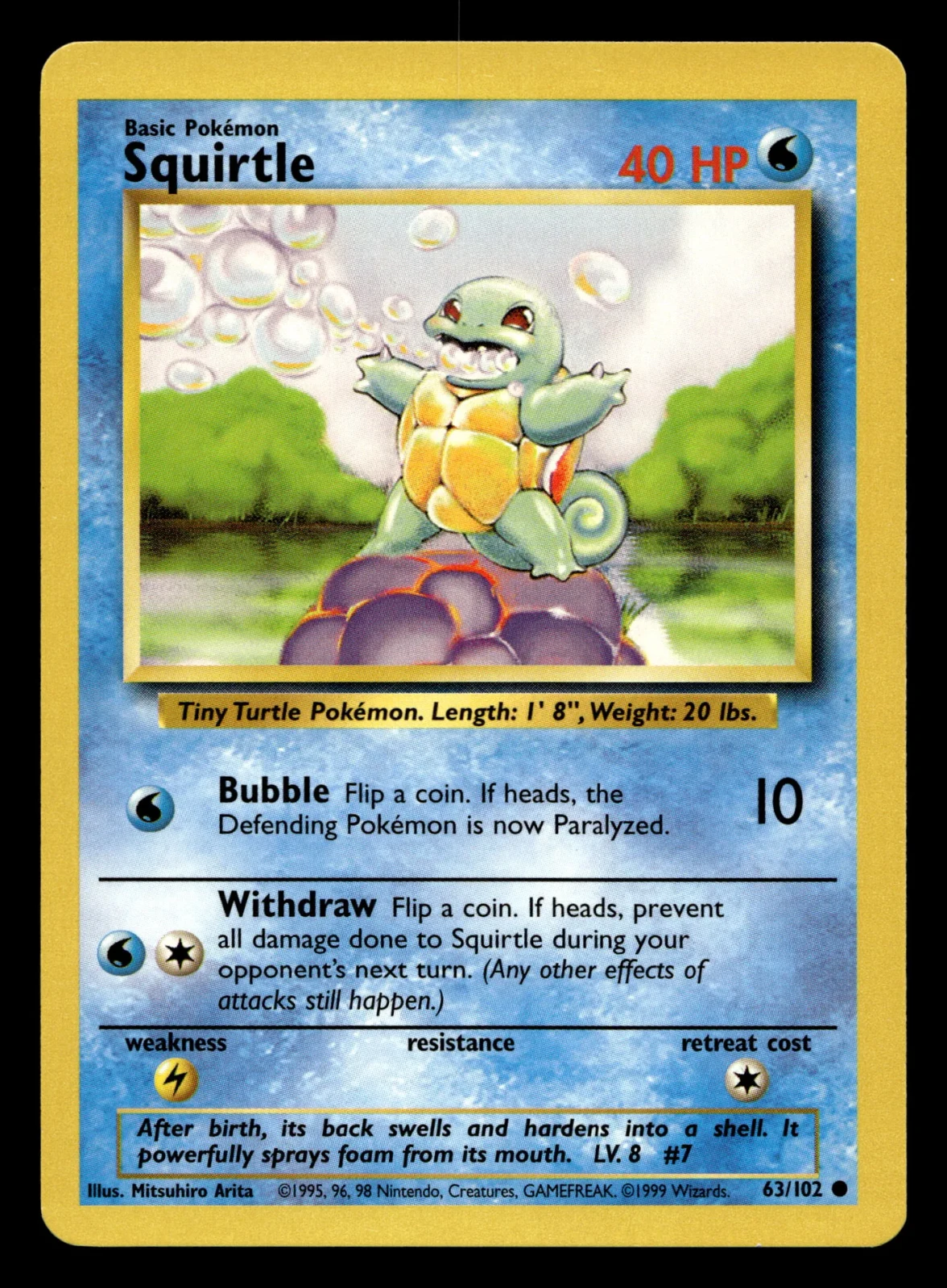 Voorkant Squirtle 63/102 uit Base Set Common Near Mint conditie Pokémon kaart productfoto NM 1/4