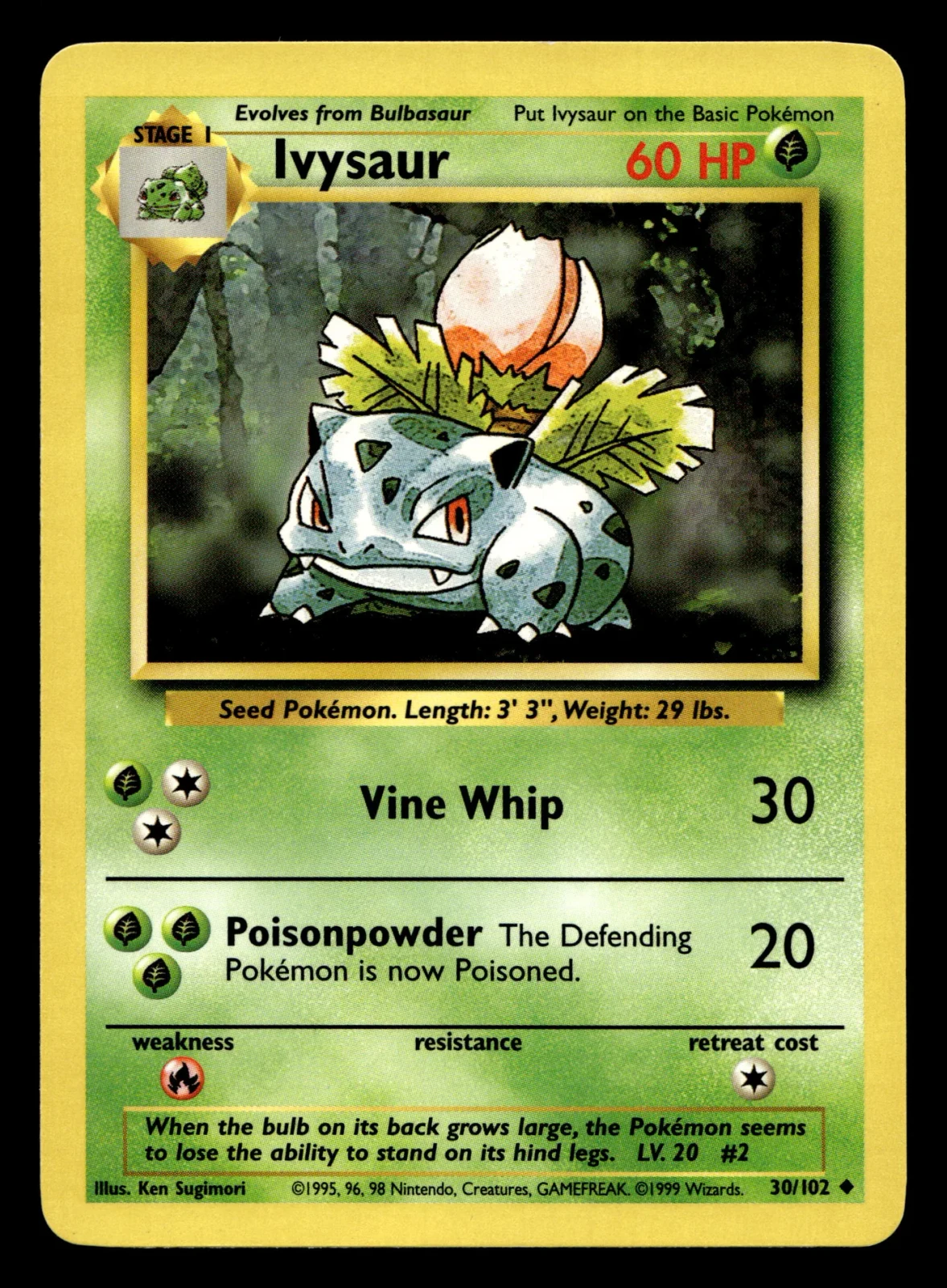Voorkant Ivysaur 30/102 uit Base Set Uncommon Excellent + conditie Pokémon kaart productfoto EX+ 1/2