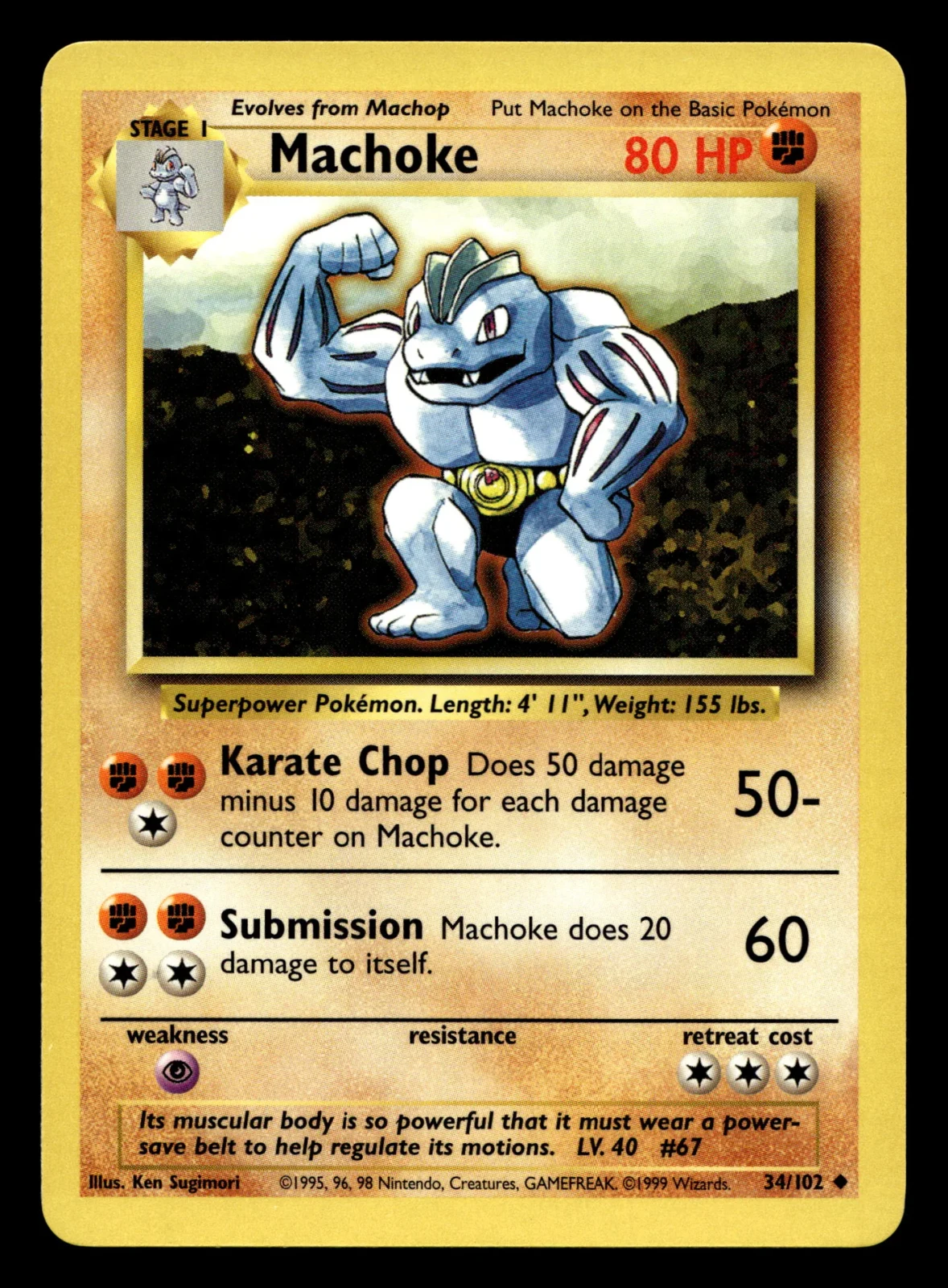 Voorkant Machoke 34/102 uit Base Set Uncommon Near Mint - conditie Pokémon kaart productfoto NM- 2/3