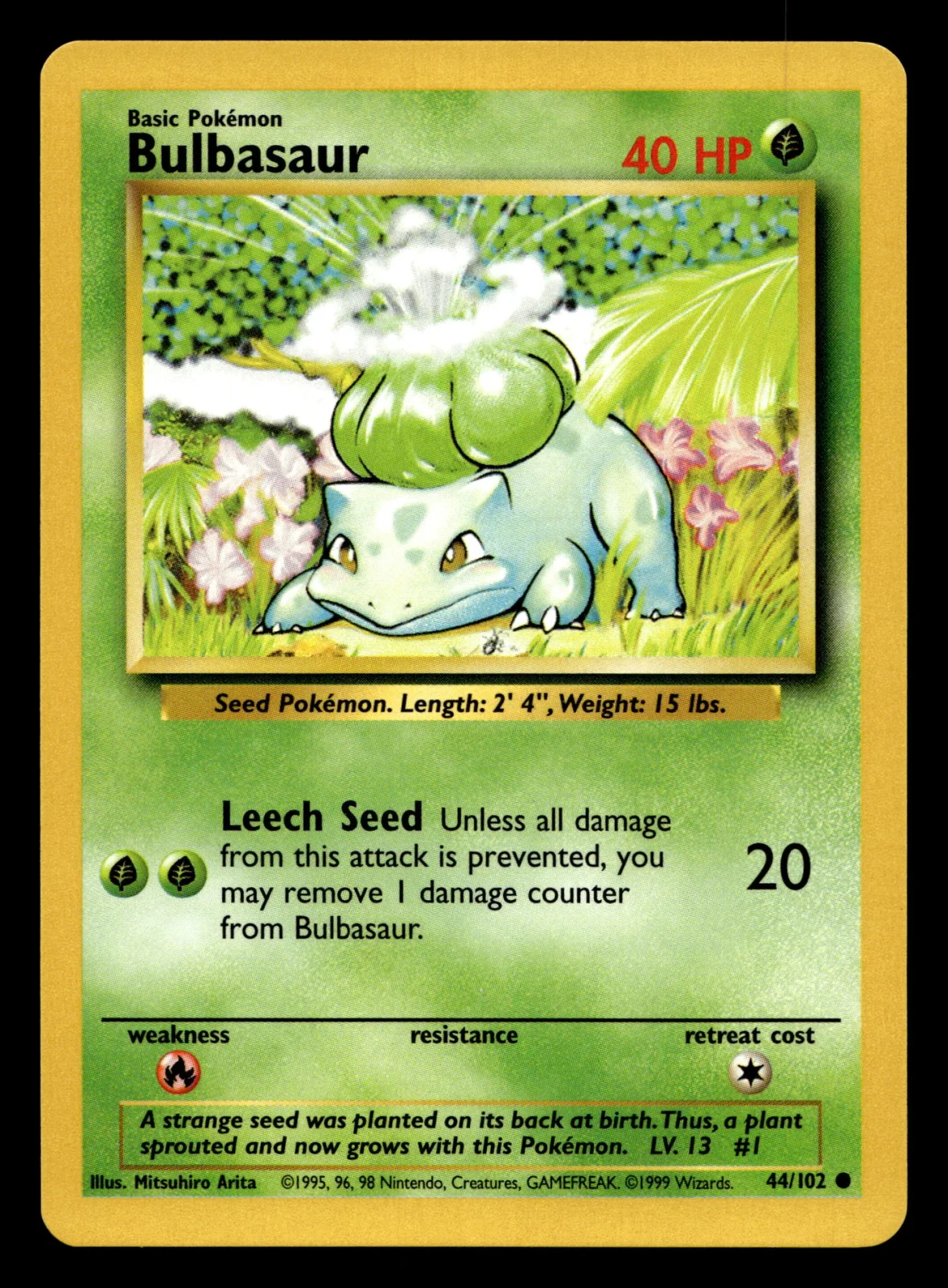 Voorkant Bulbasaur 44/102 uit Base Set Common Near Mint conditie Pokémon kaart productfoto NM 2/3