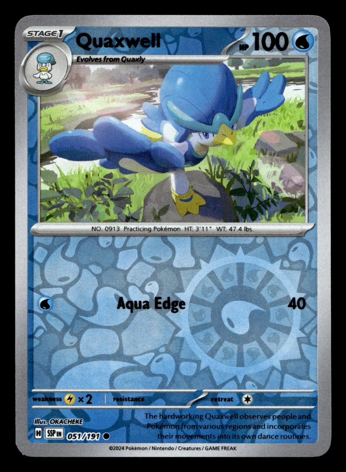 Voorkant Quaxwell 51/191 uit Surging Sparks Common Near Mint conditie Pokémon kaart productfoto