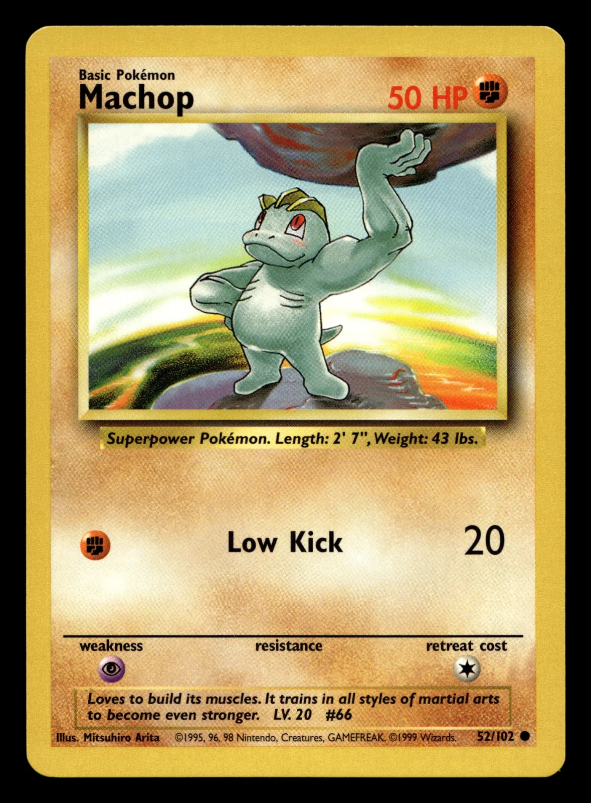 Voorkant Machop 52/102 uit Base Set Common Near Mint - conditie Pokémon kaart productfoto NM- 4/5