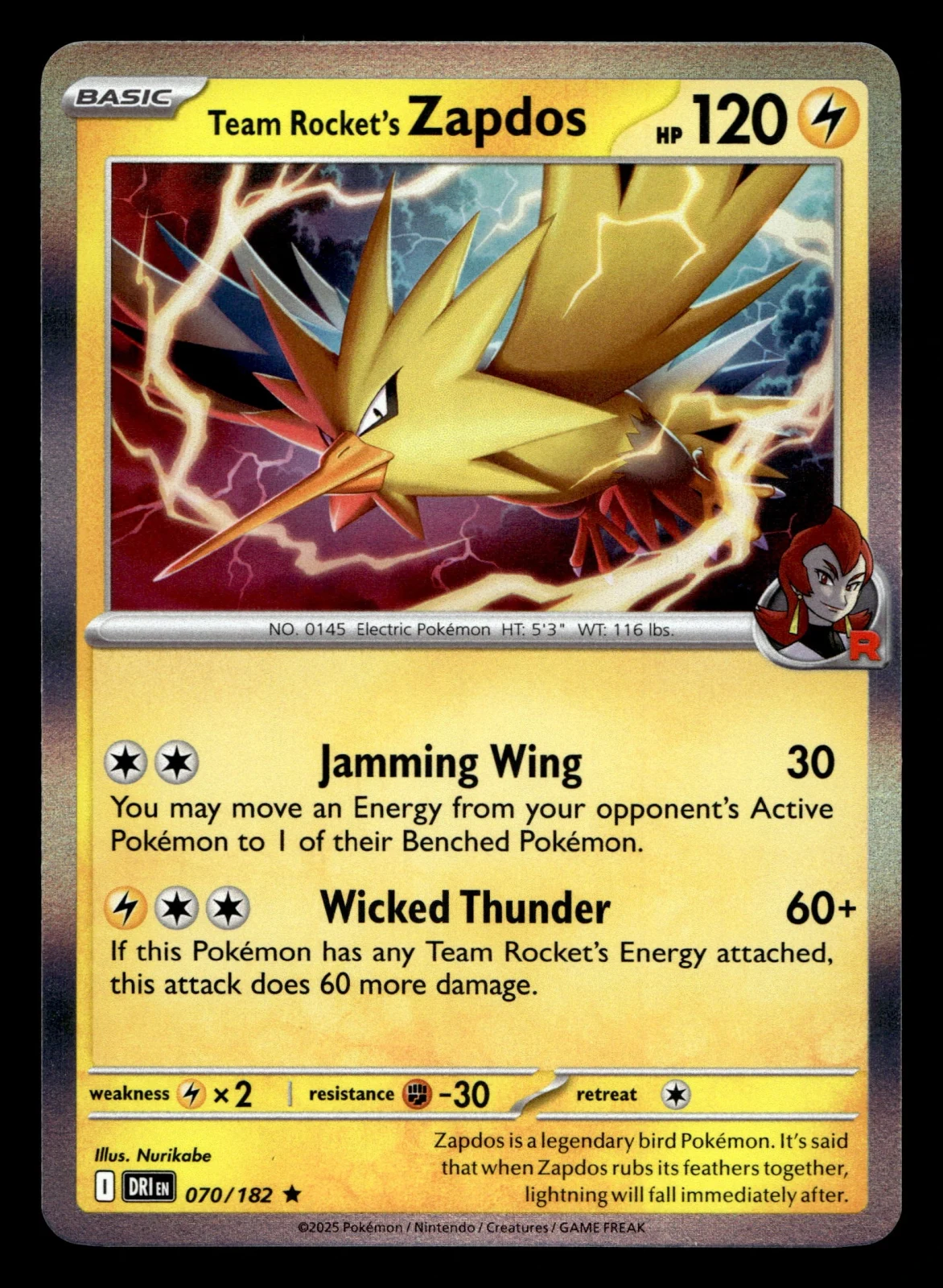 Voorkant Team Rocket's Zapdos 70/182 uit Destined Rivals Rare Near Mint conditie Pokémon kaart productfoto