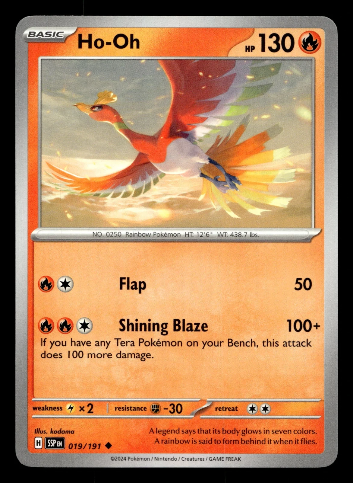 Voorkant Ho-Oh 19/191 uit Surging Sparks Uncommon Near Mint conditie Pokémon kaart productfoto