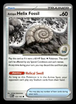 Voorkant Antique Helix Fossil 153/165 uit 151 Common Near Mint conditie Pokémon kaart productfoto