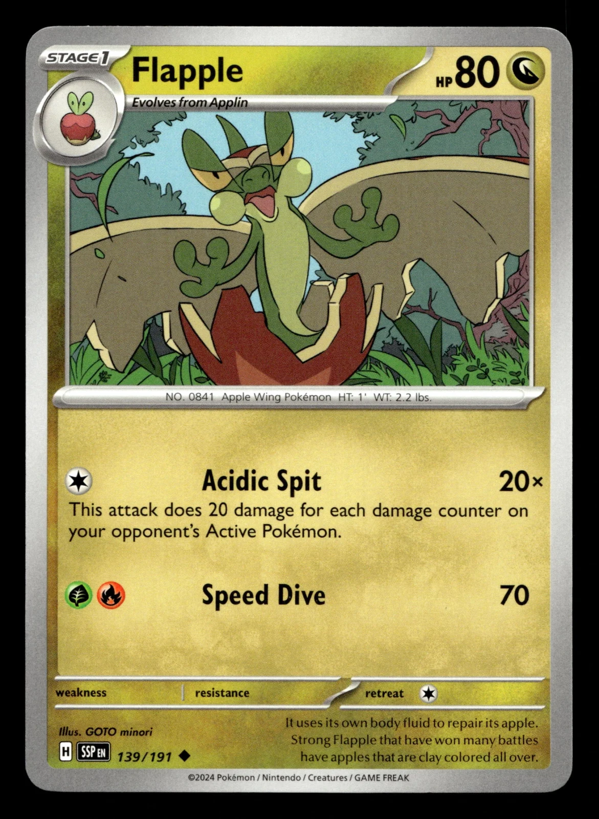 Voorkant Flapple 139/191 uit Surging Sparks Uncommon Near Mint conditie Pokémon kaart productfoto