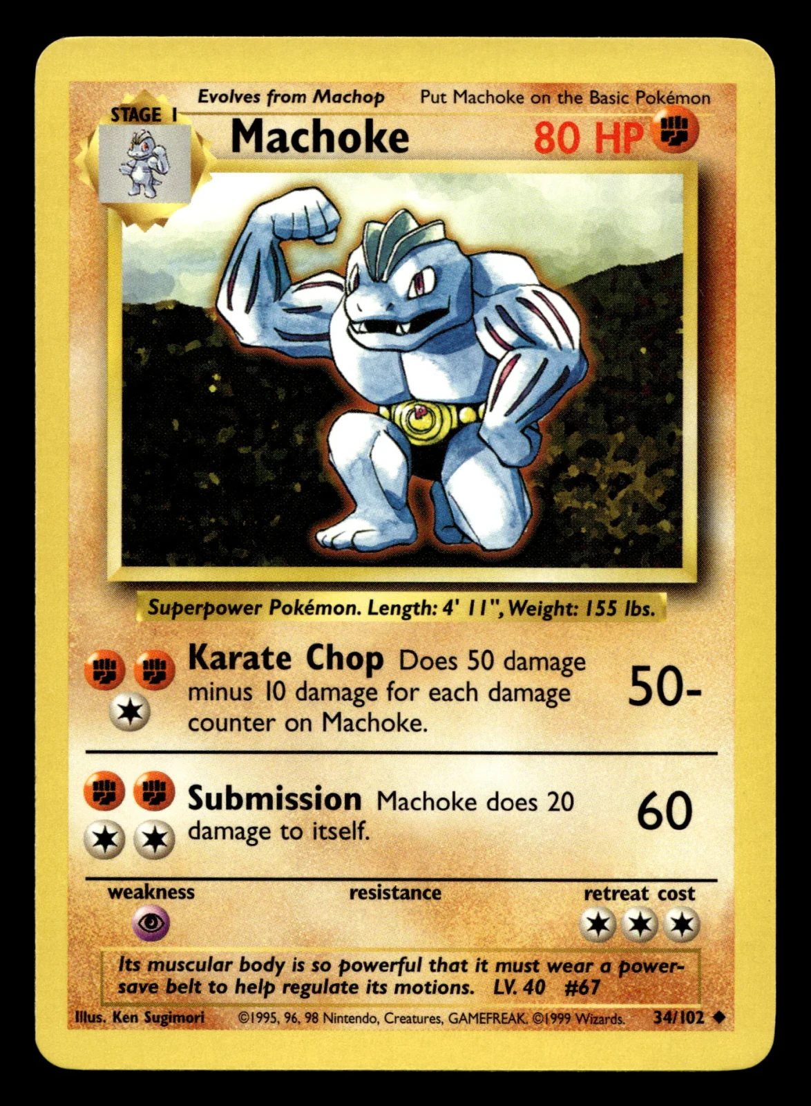 Voorkant Machoke 34/102 uit Base Set Uncommon Near Mint conditie Pokémon kaart productfoto NM 2/2