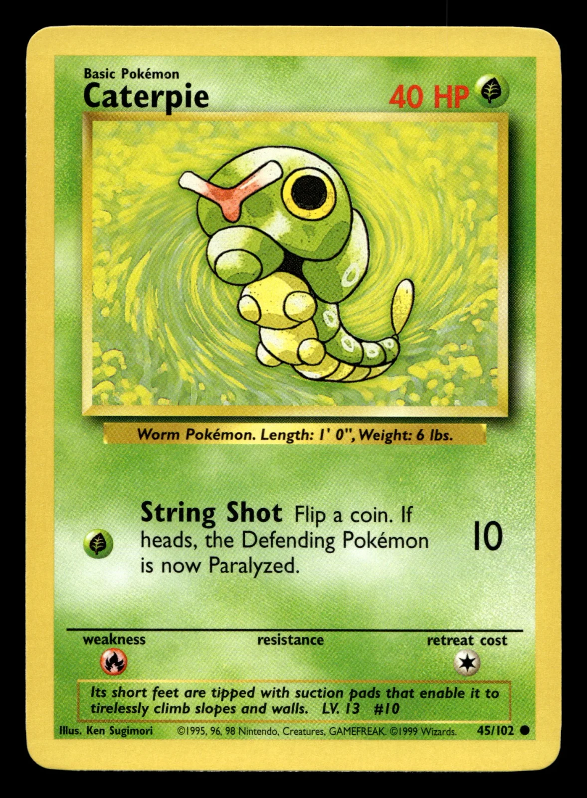 Voorkant Caterpie 45/102 uit Base Set Common Excellent + conditie Pokémon kaart productfoto EX+ 1