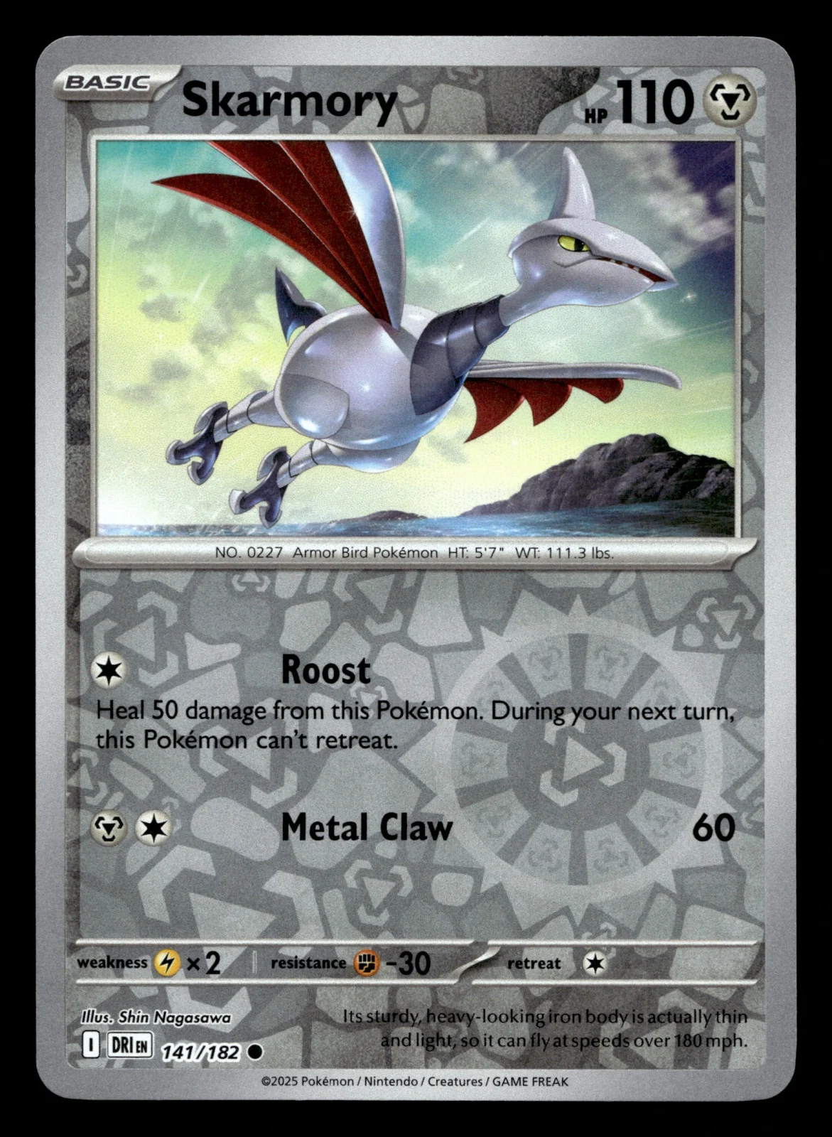 Voorkant Skarmory 141/182 uit Destined Rivals Common Near Mint conditie Pokémon kaart productfoto