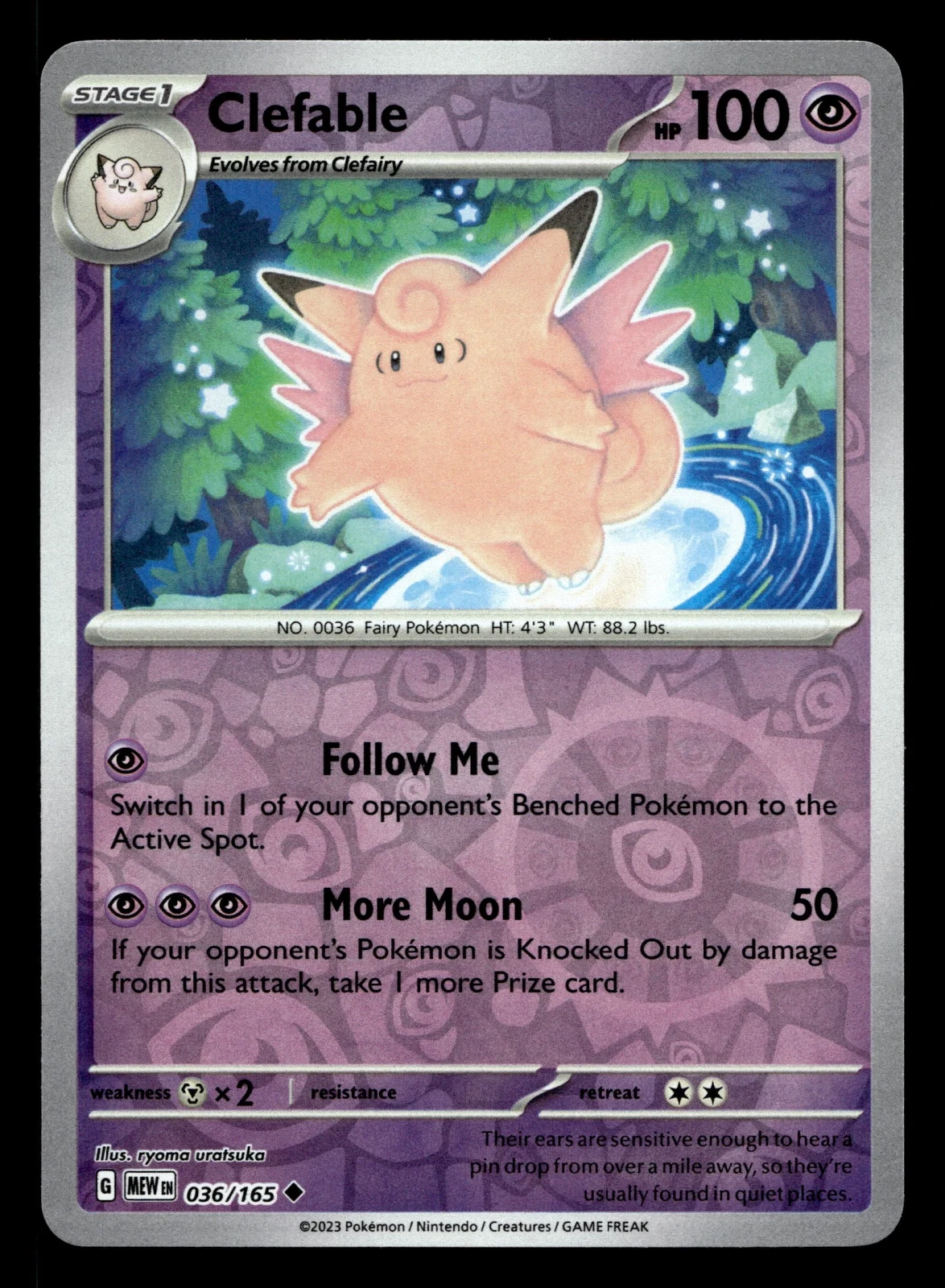 Voorkant Clefable 36/165 uit 151 Uncommon Near Mint conditie Pokémon kaart productfoto
