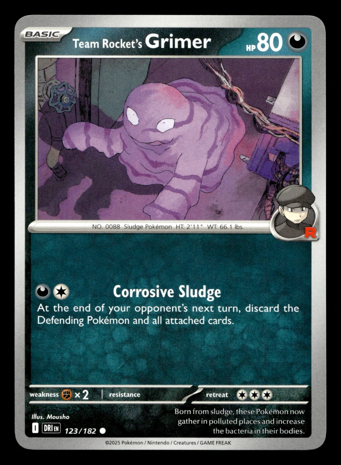 Voorkant Team Rocket's Grimer 123/182 uit Destined Rivals Common Near Mint conditie Pokémon kaart productfoto