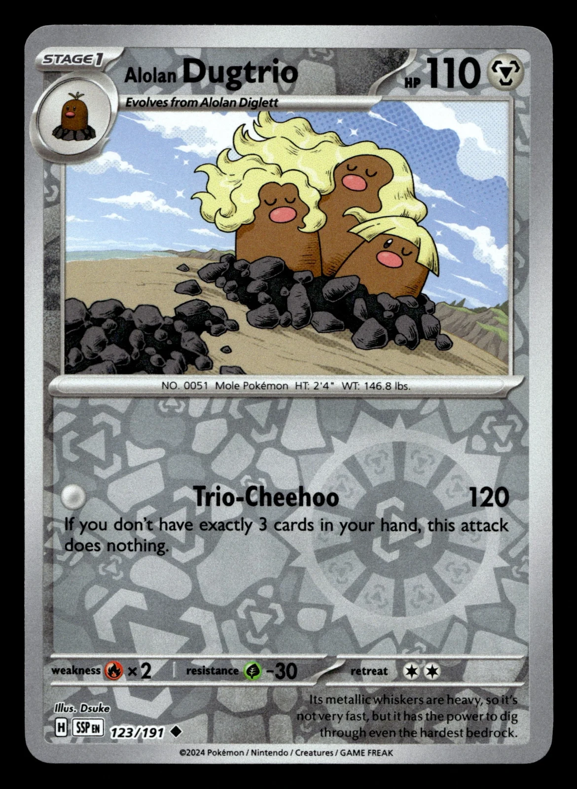 Voorkant Alolan Dugtrio 123/191 uit Surging Sparks Uncommon Near Mint conditie Pokémon kaart productfoto
