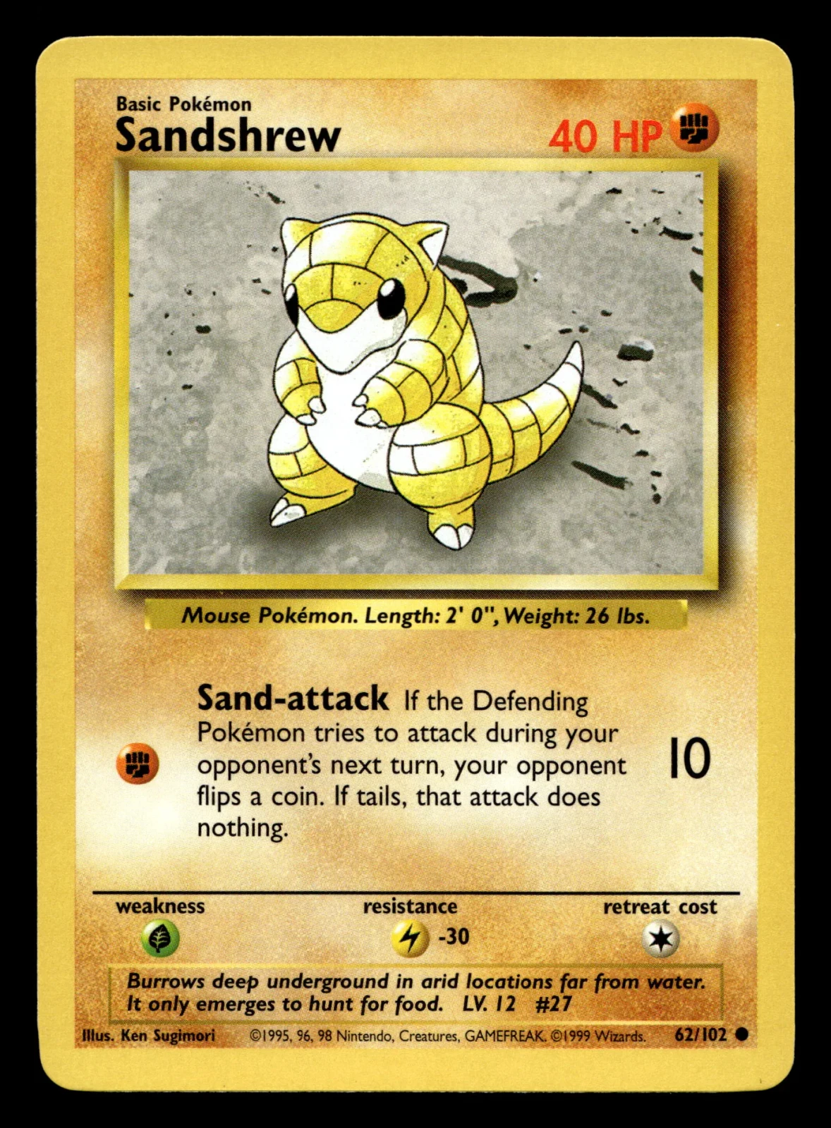 Voorkant Sandshrew 62/102 uit Base Set Common Near Mint - conditie Pokémon kaart productfoto NM- 2/2