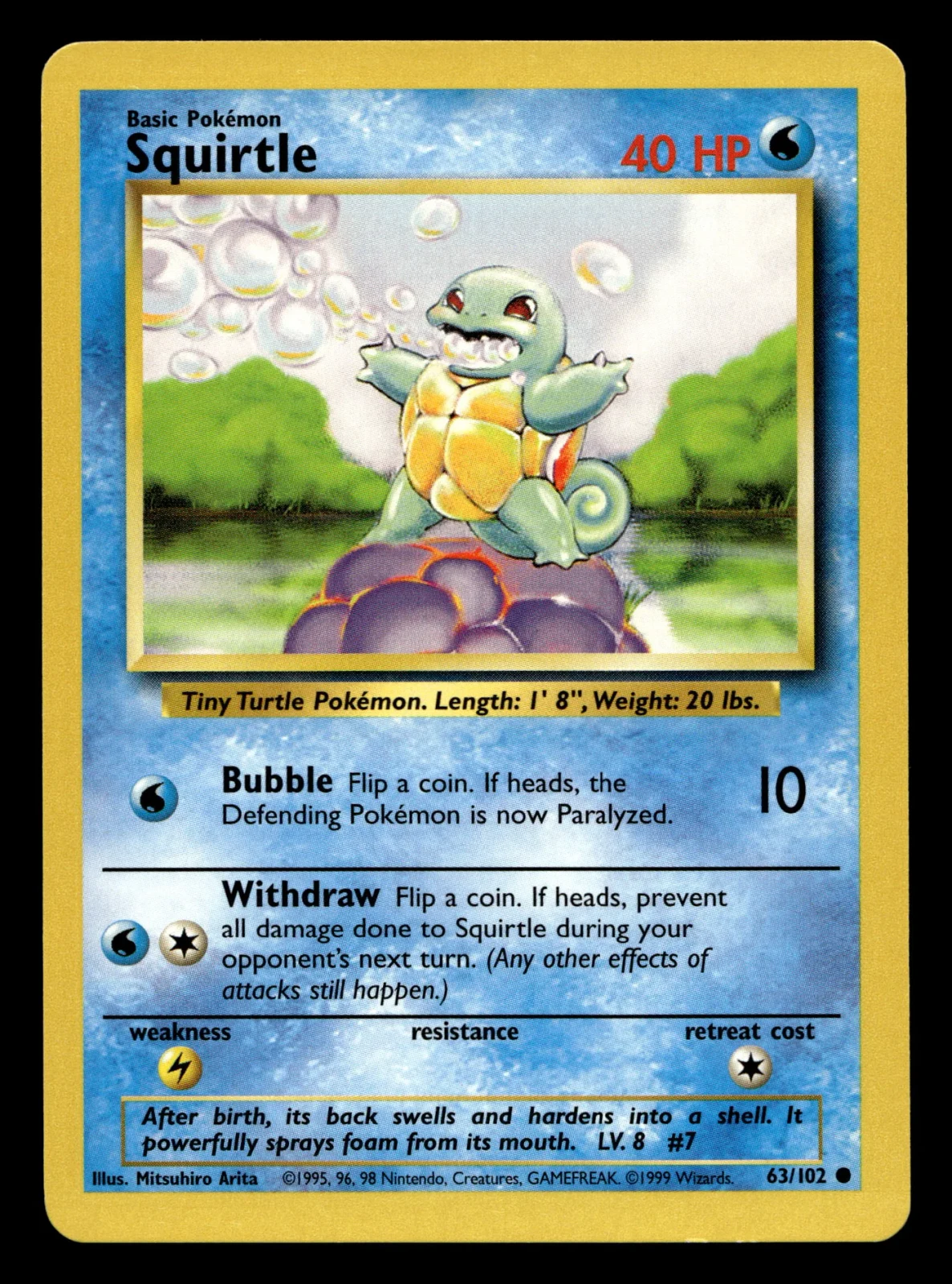 Voorkant Squirtle 63/102 uit Base Set Common Excellent + conditie Pokémon kaart productfoto EX+ 2/2