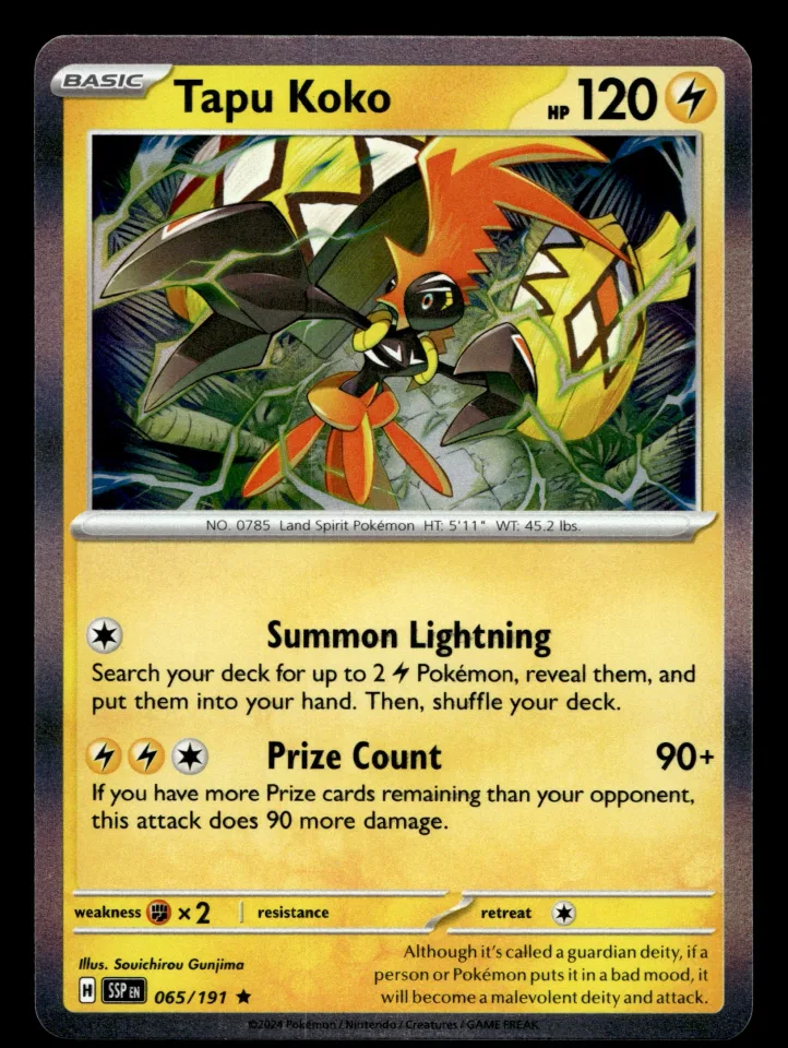 Tapu Koko #65 uit Surging Sparks Rare Near Mint conditie productfoto
