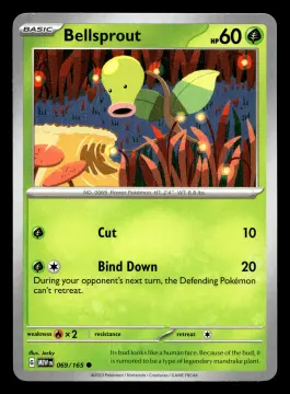 Voorkant Bellsprout 69/165 uit 151 Common Near Mint conditie Pokémon kaart productfoto