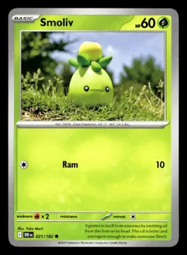 Voorkant Smoliv 21/182 uit Destined Rivals Common Near Mint conditie Pokémon kaart productfoto