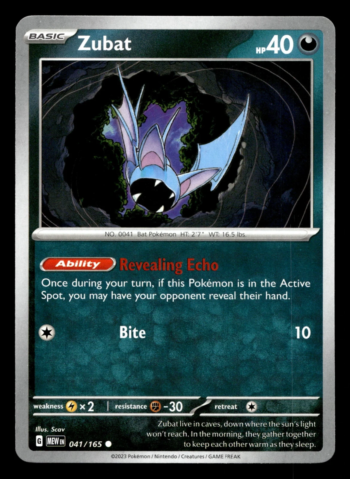 Voorkant Zubat 41/165 uit 151 Common Near Mint conditie Pokémon kaart productfoto