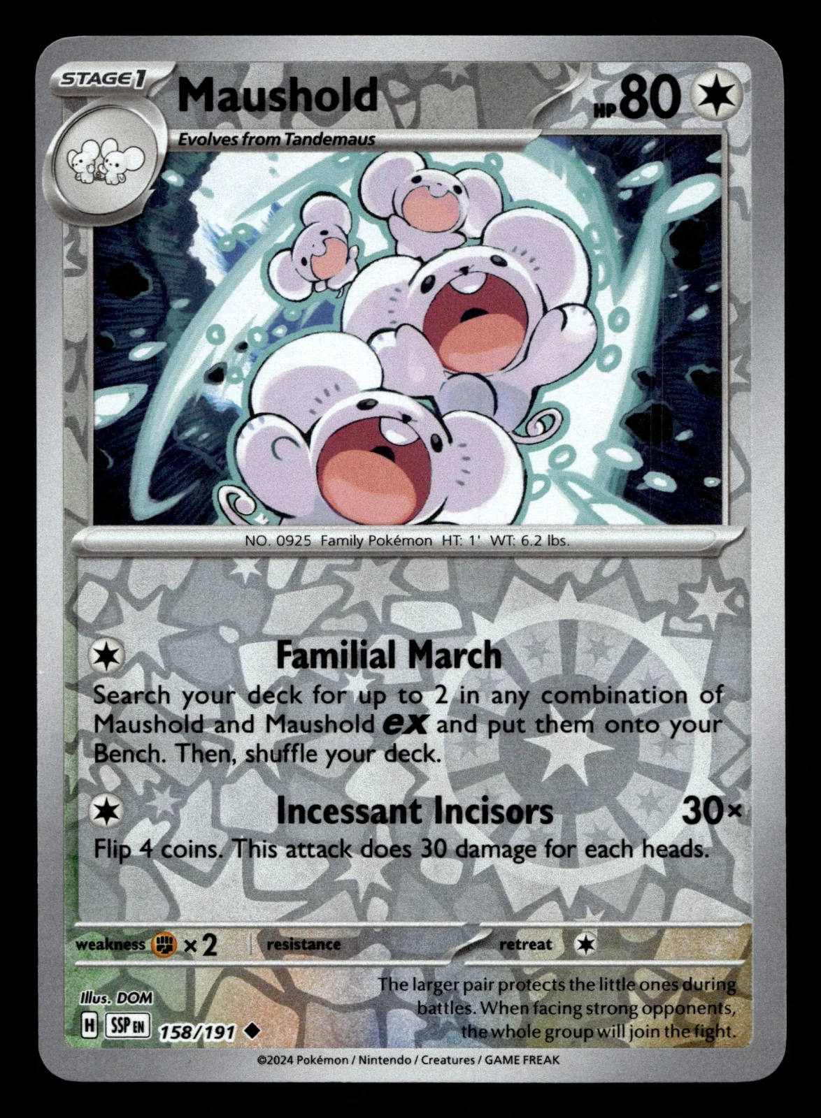 Voorkant Maushold 158/191 uit Surging Sparks Uncommon Near Mint conditie Pokémon kaart productfoto
