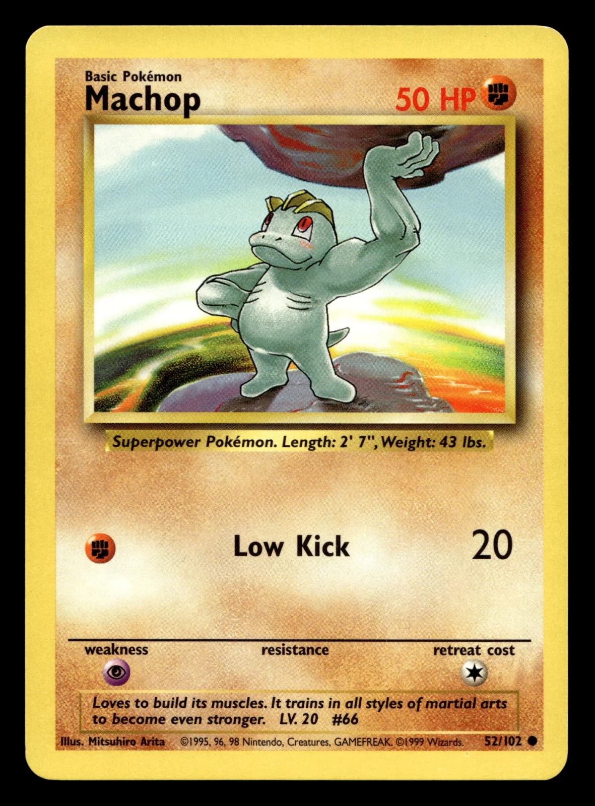 Voorkant Machop 52/102 uit Base Set Common Near Mint + conditie Pokémon kaart productfoto NM+ 1/2