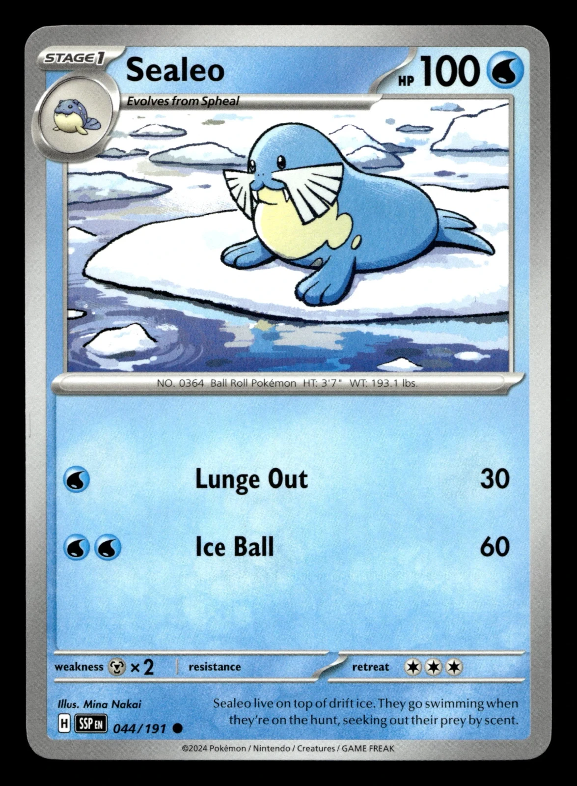 Voorkant Sealeo 44/191 uit Surging Sparks Common Near Mint conditie Pokémon kaart productfoto