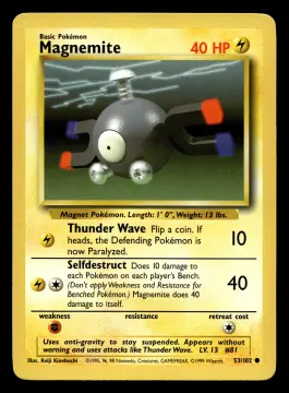 Voorkant Magnemite 53/102 uit Base Set Common Excellent + conditie Pokémon kaart productfoto EX+ 1