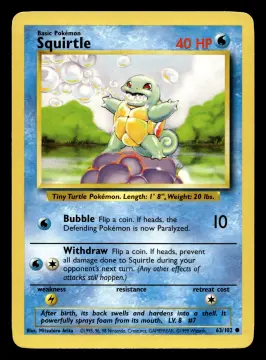 Voorkant Squirtle 63/102 uit Base Set Common Near Mint conditie Pokémon kaart productfoto NM 4/4
