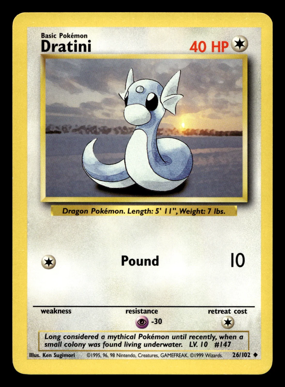 Voorkant Dratini 26/102 uit Base Set Uncommon Near Mint - conditie Pokémon kaart productfoto NM- 1