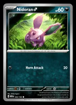 Voorkant Nidoran ♂ 32/165 uit 151 Common Near Mint conditie Pokémon kaart productfoto