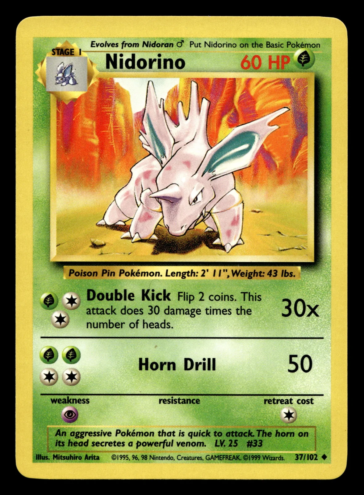Voorkant Nidorino 37/102 uit Base Set Uncommon Near Mint - conditie Pokémon kaart productfoto NM- 2/2
