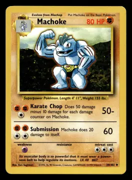 Voorkant Machoke 34/102 uit Base Set Uncommon Excellent + conditie Pokémon kaart productfoto EX+ 3/3
