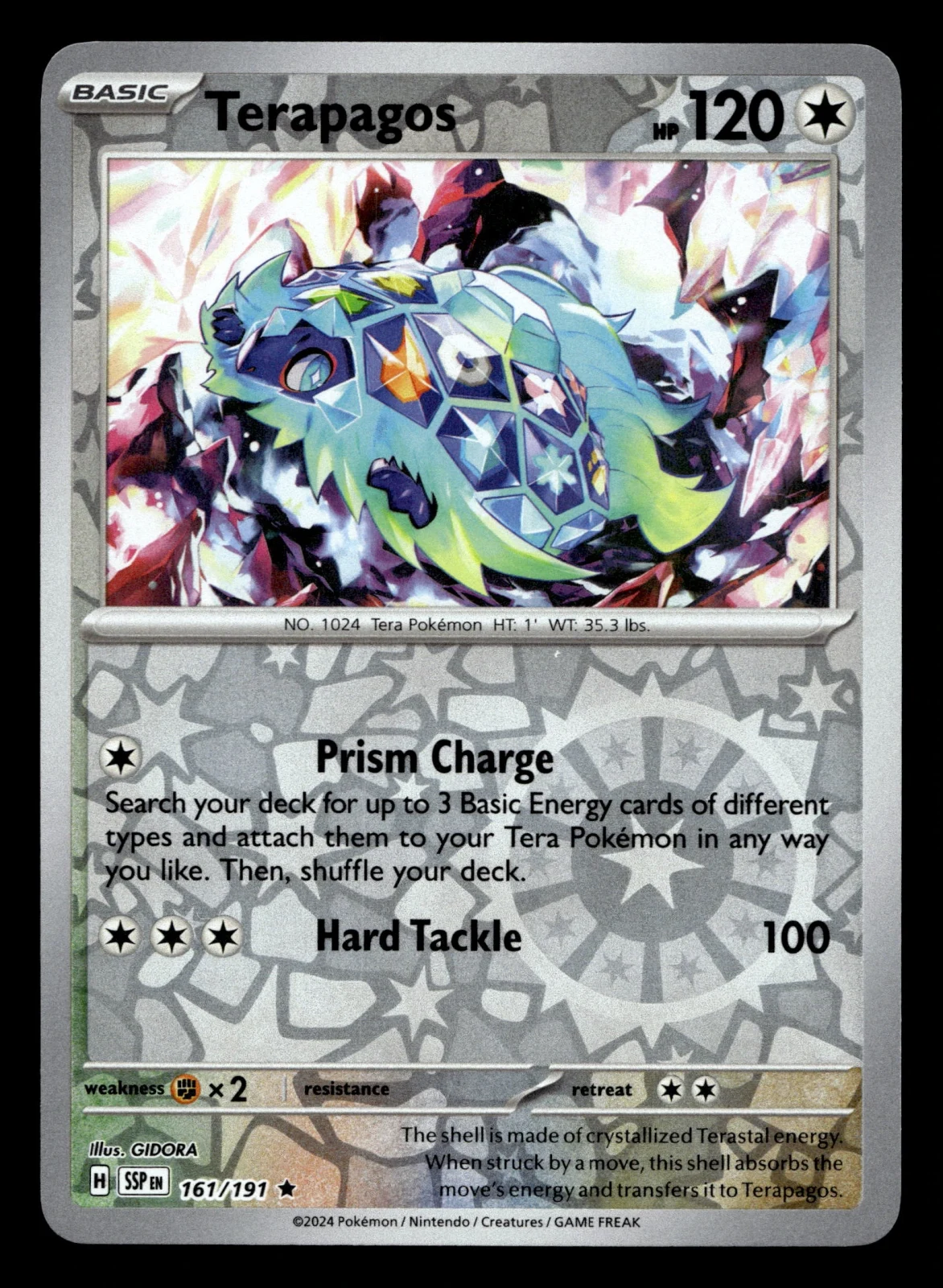 Voorkant Terapagos 161/191 uit Surging Sparks Rare Near Mint conditie Pokémon kaart productfoto