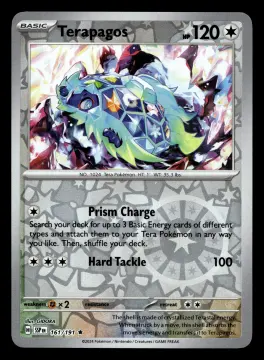 Voorkant Terapagos 161/191 uit Surging Sparks Rare Near Mint conditie Pokémon kaart productfoto