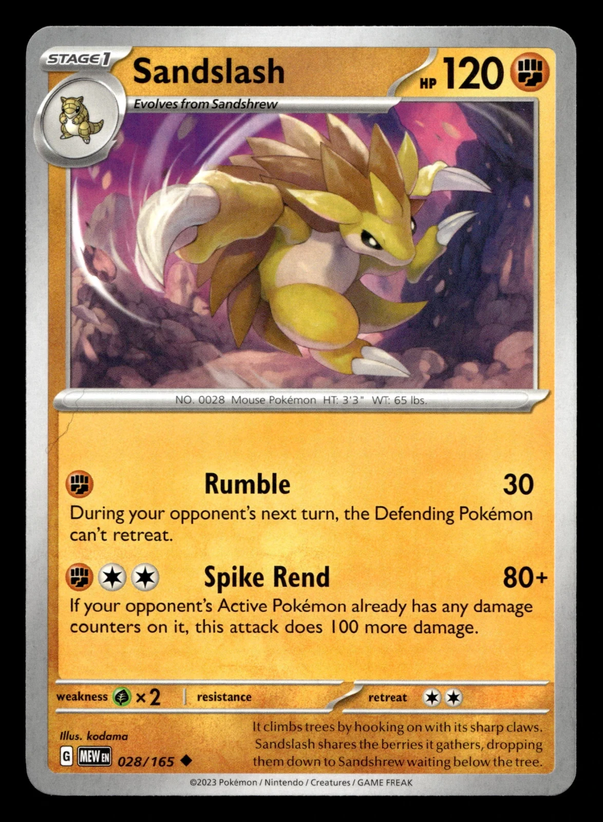 Voorkant Sandslash 28/165 uit 151 Uncommon Near Mint conditie Pokémon kaart productfoto