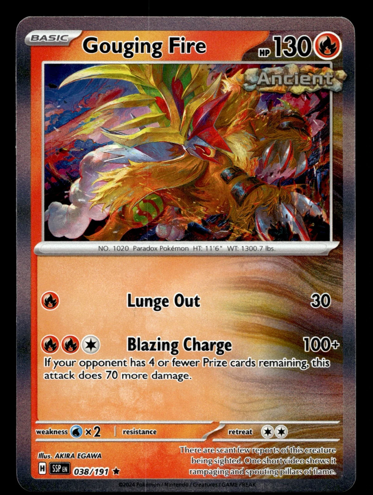 Voorkant Gouging Fire 38/191 uit Surging Sparks Rare Near Mint conditie Pokémon kaart productfoto