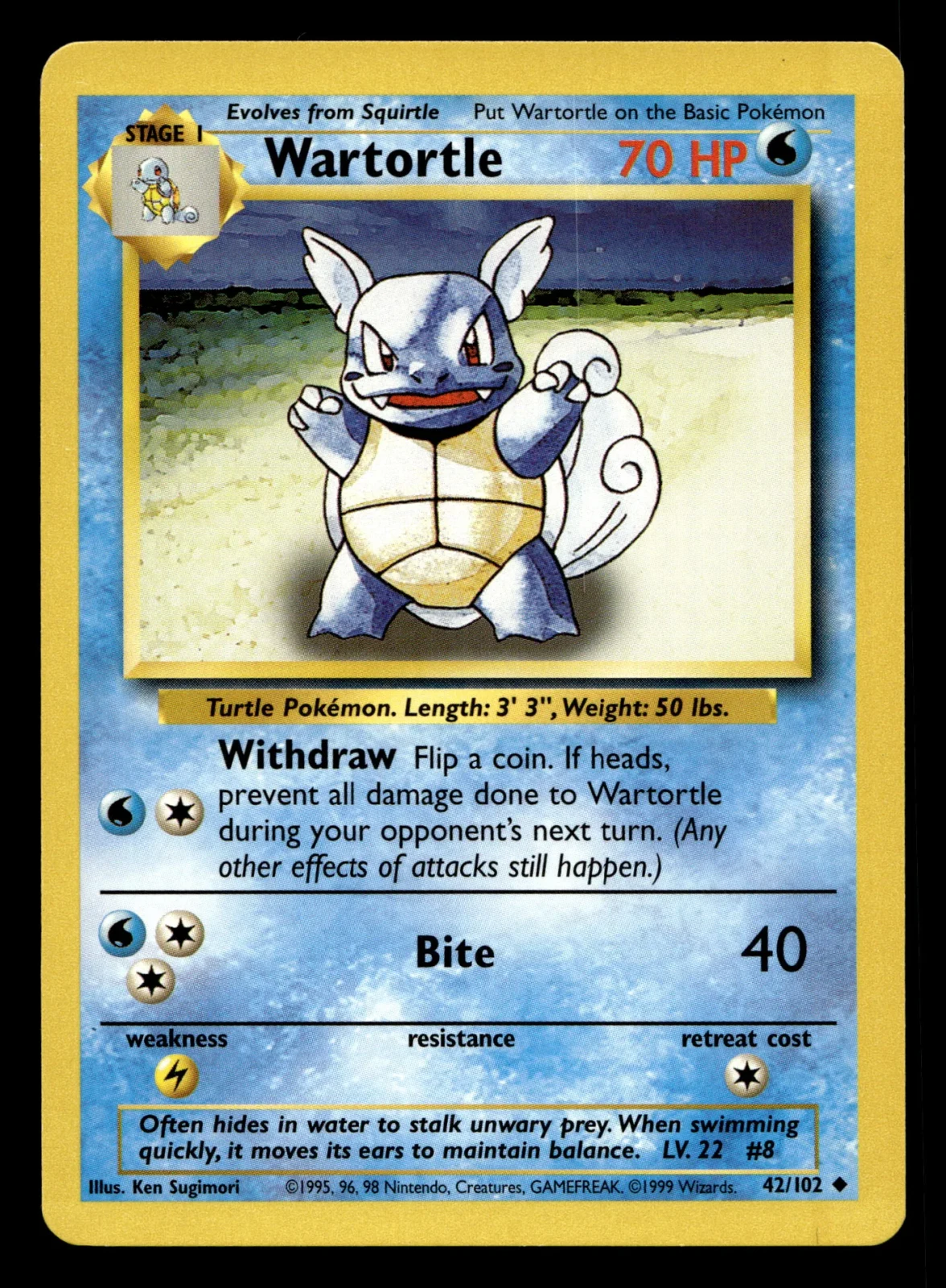 Voorkant Wartortle 42/102 uit Base Set Uncommon Near Mint - conditie Pokémon kaart productfoto NM- 1/3