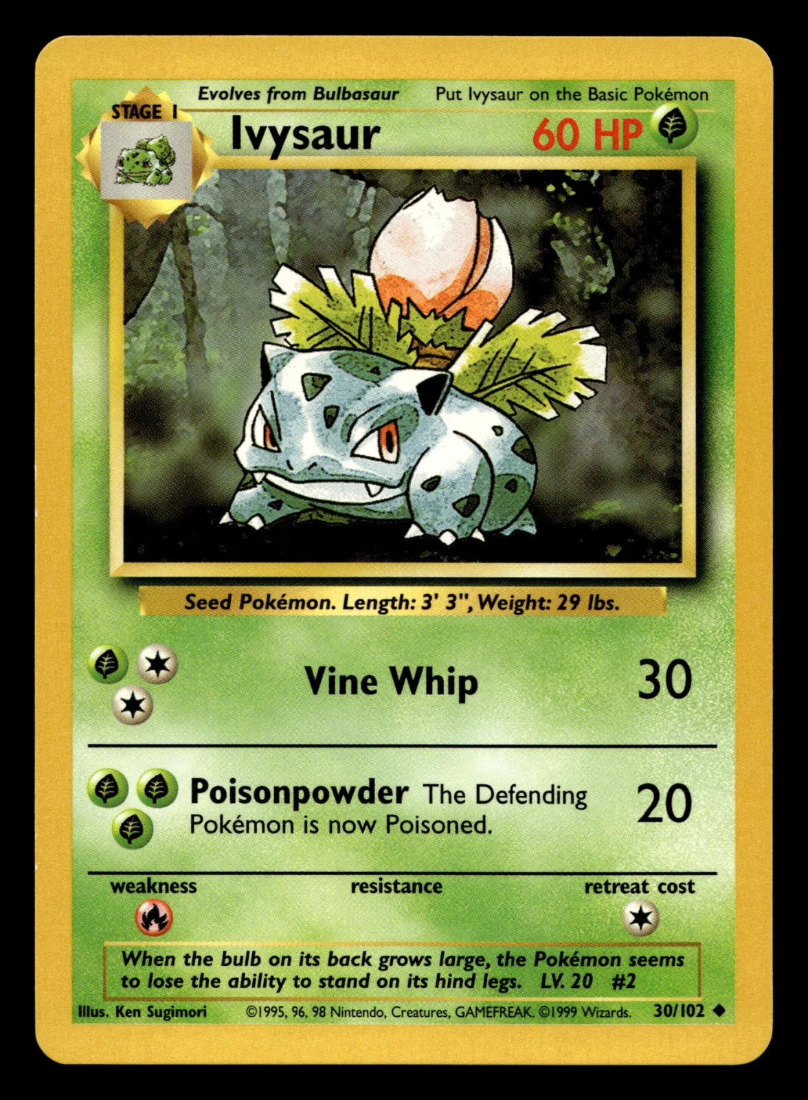 Voorkant Ivysaur 30/102 uit Base Set Uncommon Good + conditie Pokémon kaart productfoto GD+ 1