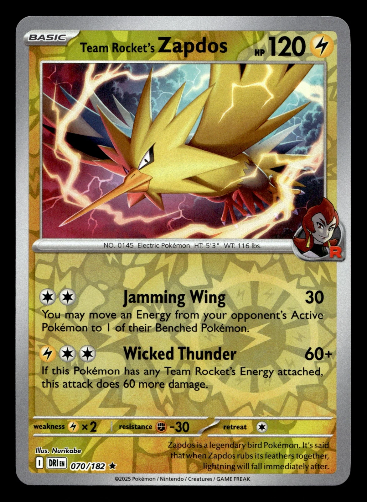 Voorkant Team Rocket's Zapdos 70/182 uit Destined Rivals Rare Near Mint conditie Pokémon kaart productfoto