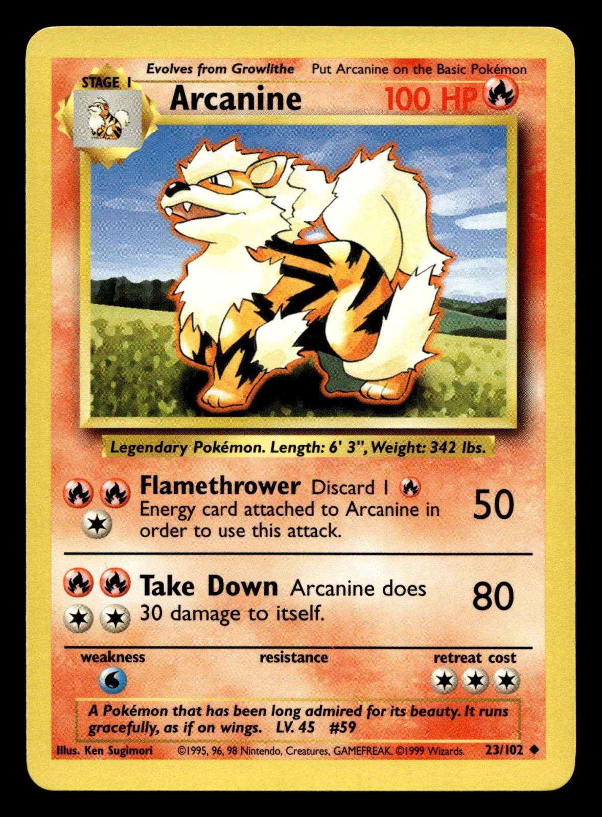 Voorkant Arcanine 23/102 uit Base Set Uncommon Near Mint conditie Pokémon kaart productfoto NM 1/2