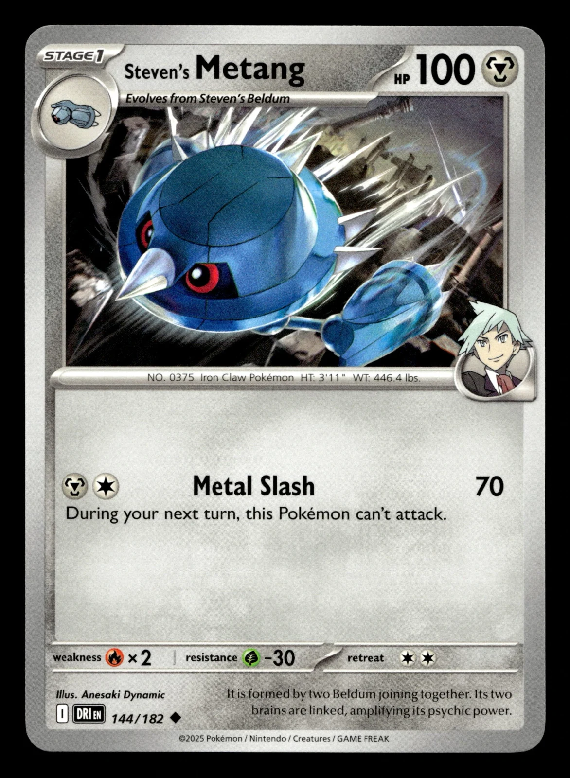 Voorkant Steven's Metang 144/182 uit Destined Rivals Uncommon Near Mint conditie Pokémon kaart productfoto